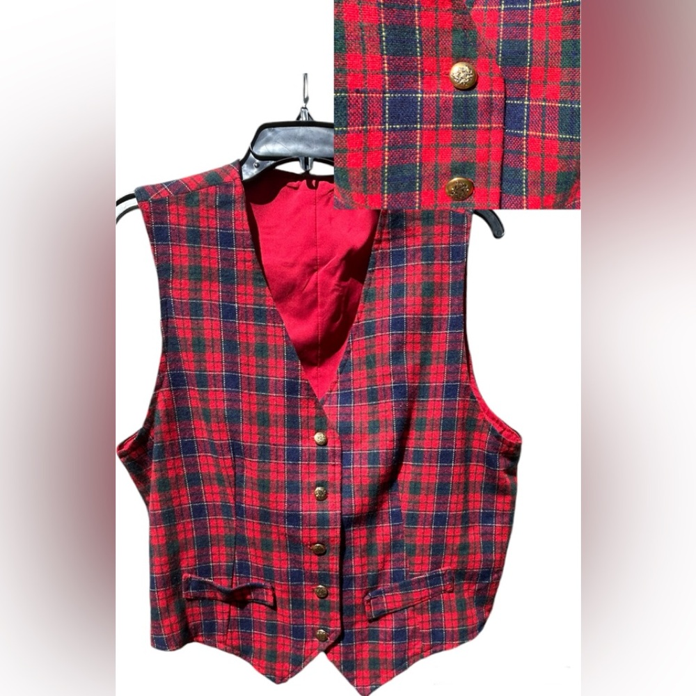Vintage Scottish Tartan Red Blue Green Plaid Wool Vest Size L